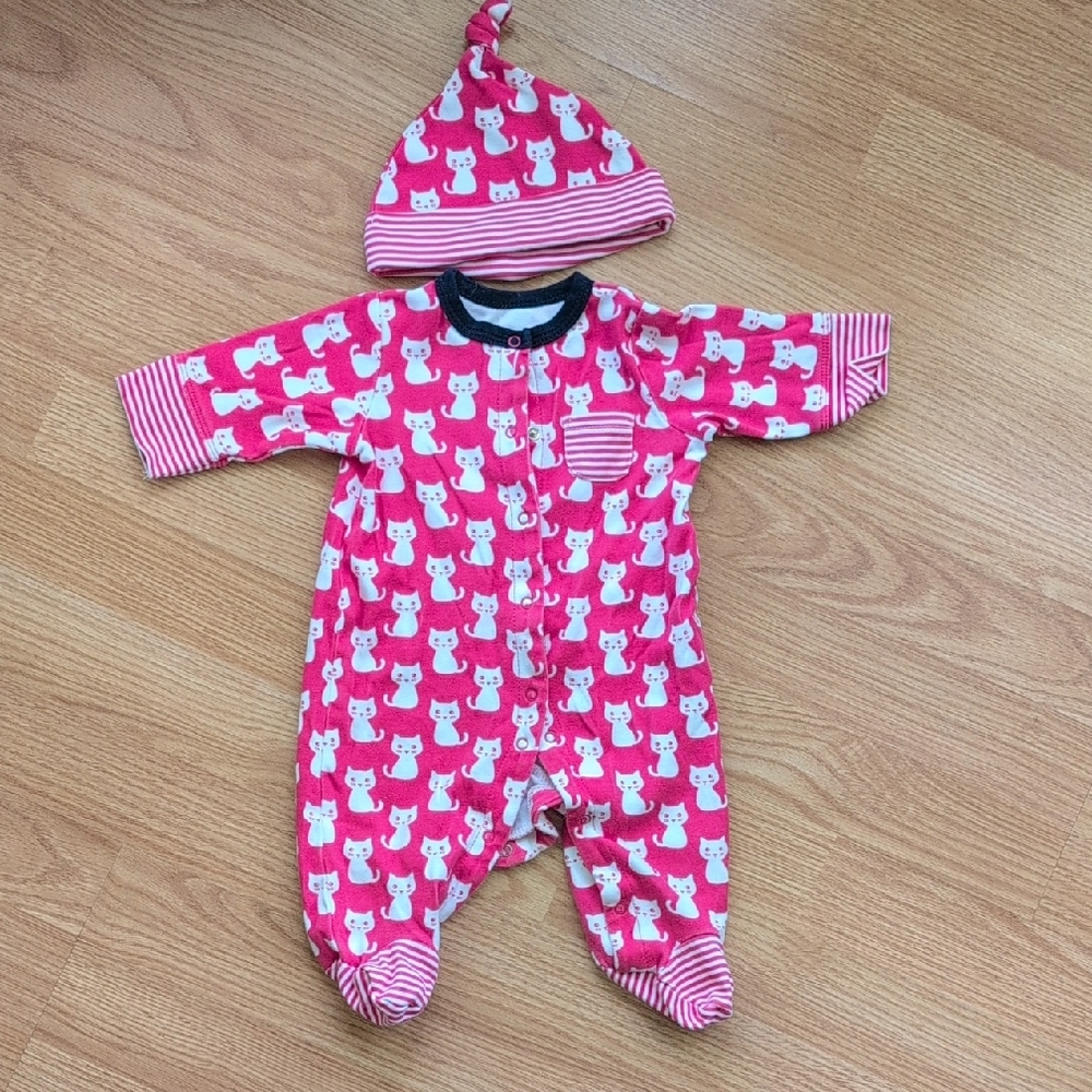 Offspring Pink and White Owl Print Footie with Hat